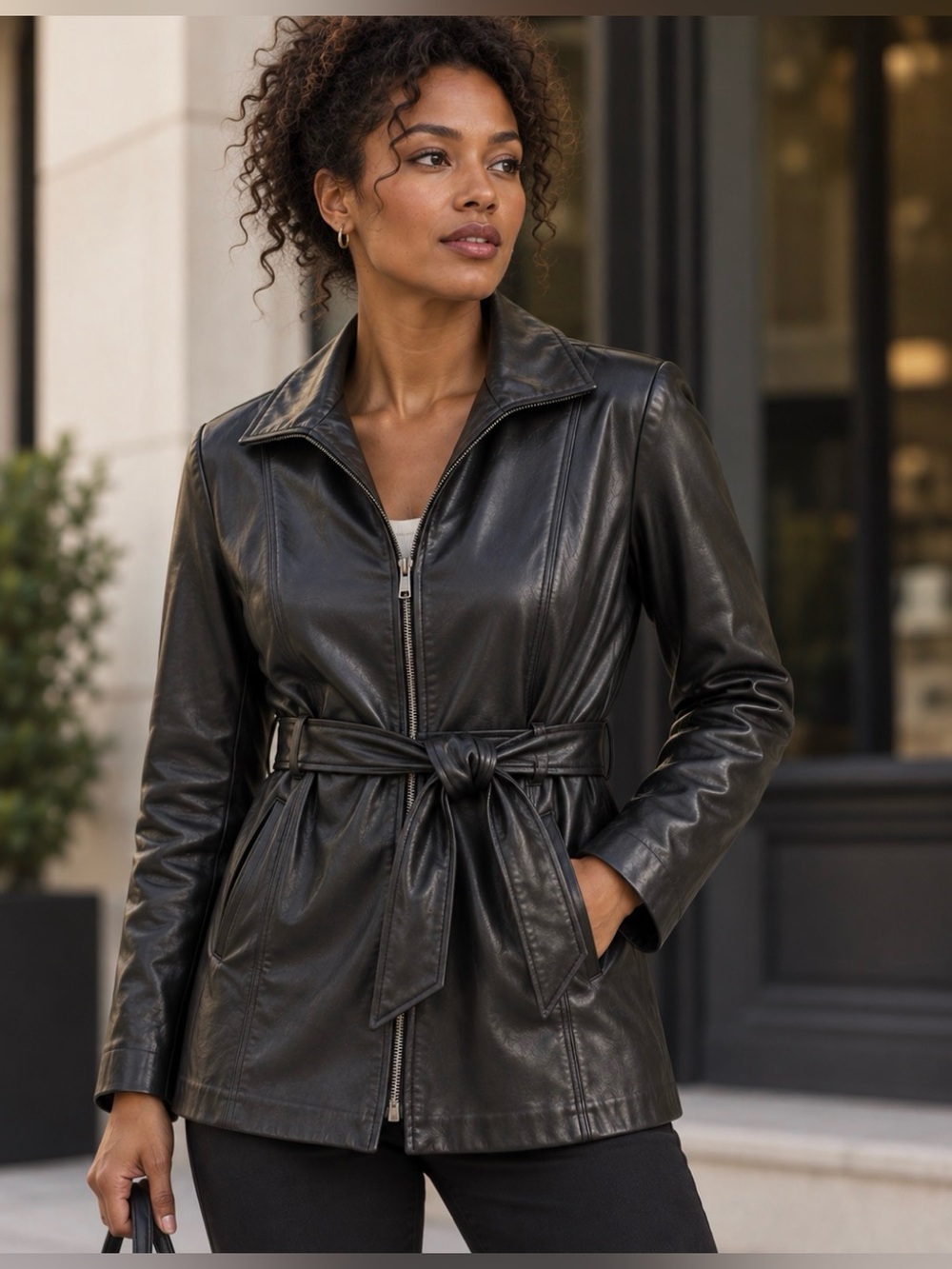 Pelle Studio Black Leather Belted Jacket Coat Women’s Small